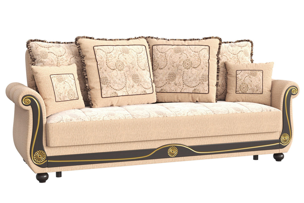 Chenille Chesterfield Paisley Sleeper Sofa And Toss Pillows - Beige