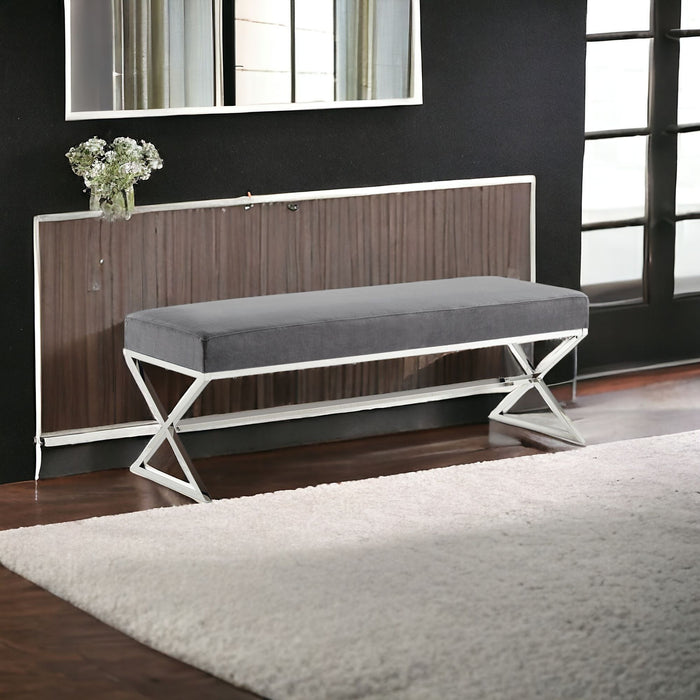 Velvet Upholstered Bench - Silver / Gray