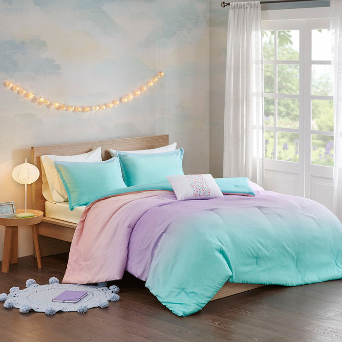 Glimmer - Metallic Glitter Printed Reversible Comforter Set - Aqua