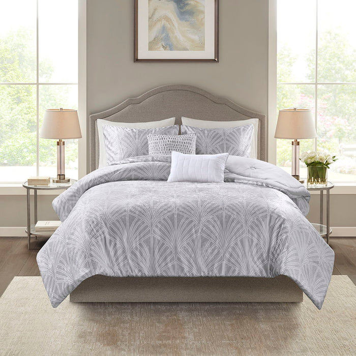 Kiona - 5 Piece Crushed Velvet Comforter Set - Pearl Silver