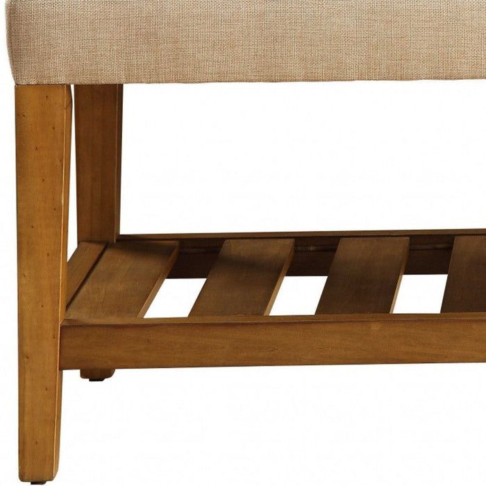 Upholstered Polyester Bench With Shelves - Beige / Brown