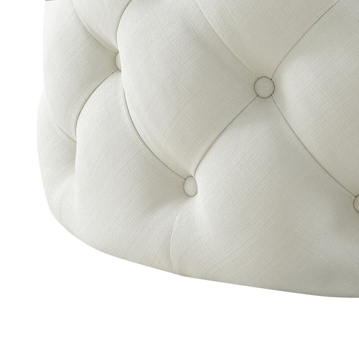 Linen Rolling Tufted Round Cocktail Ottoman - White