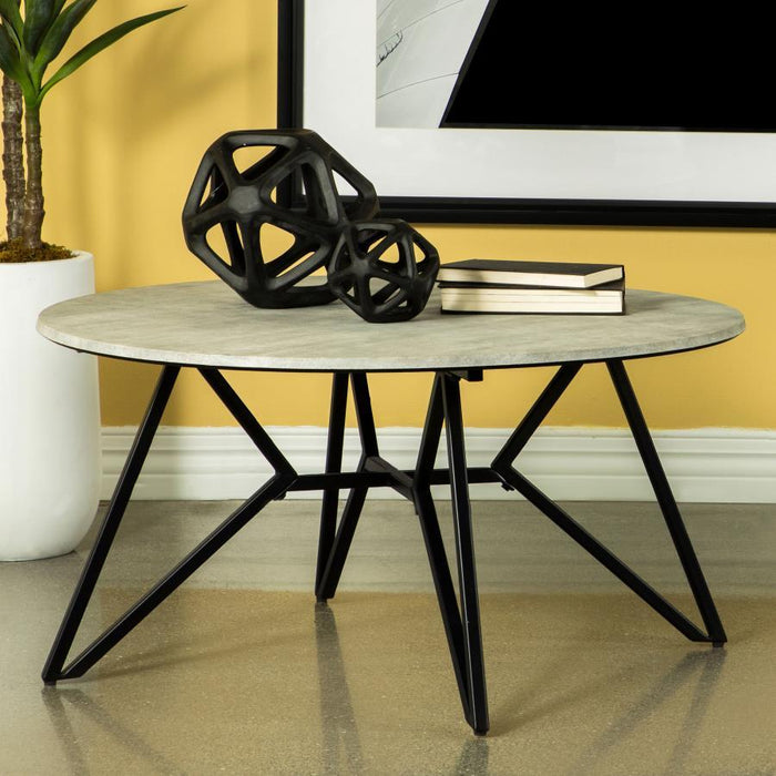 Hadi - Round Coffee Table With Hairpin Legs - Cement And Gunmetal - Simple Home Plus