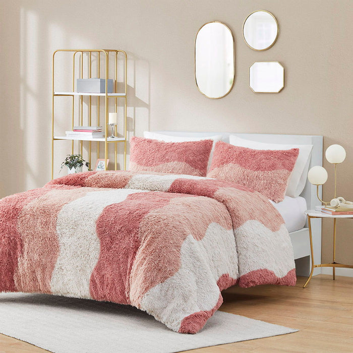 Cassie - Ombre Shaggy Faux Fur Queen Duvet Cover Set - Blush Multi