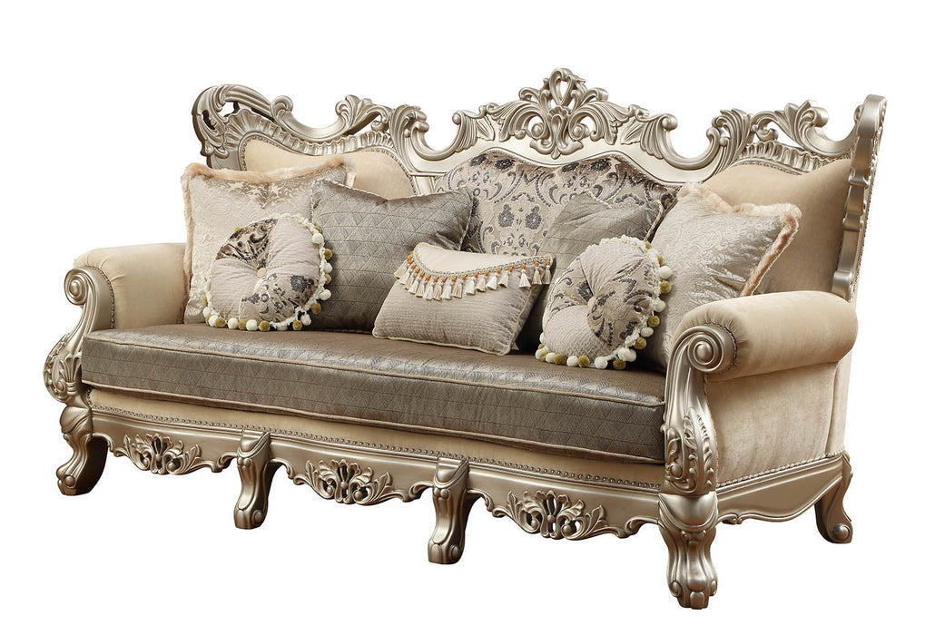 Cotton Blend Curved Floral Sofa And Toss Pillows - Champagne