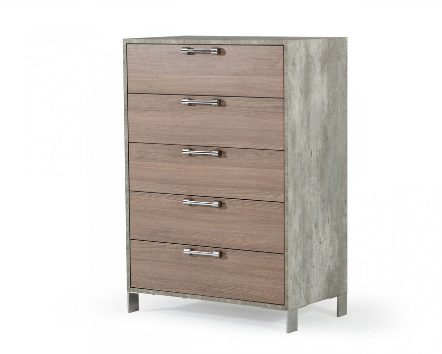 Solid Wood Five Drawer Chest - Brown Oak / Gray