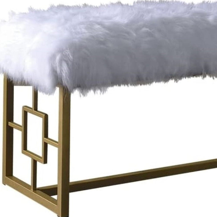 Faux Fur Bench Upholstered - White / Gold