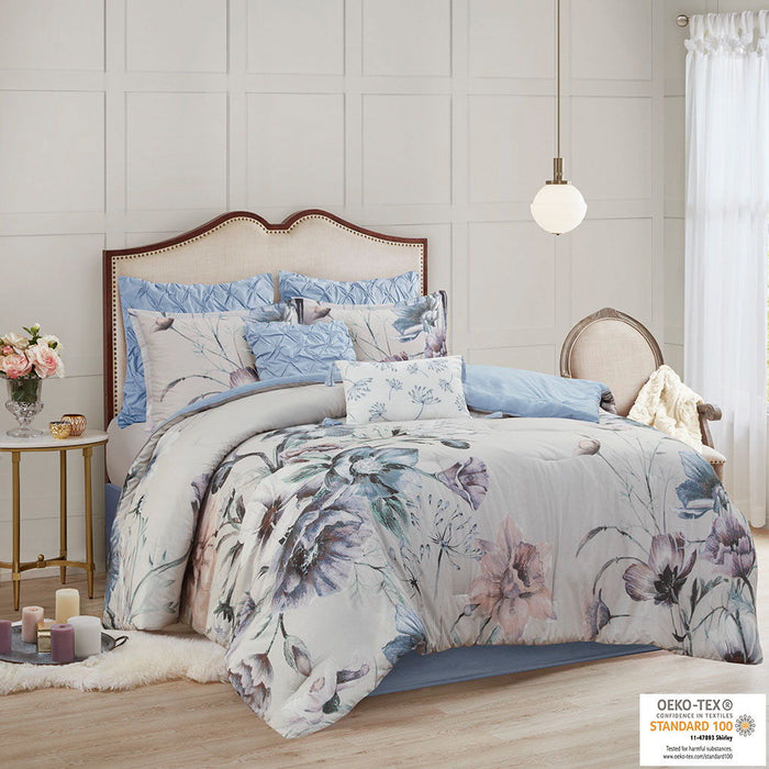 Cassandra - California King 8 Piece Printed Comforter Set - Blue