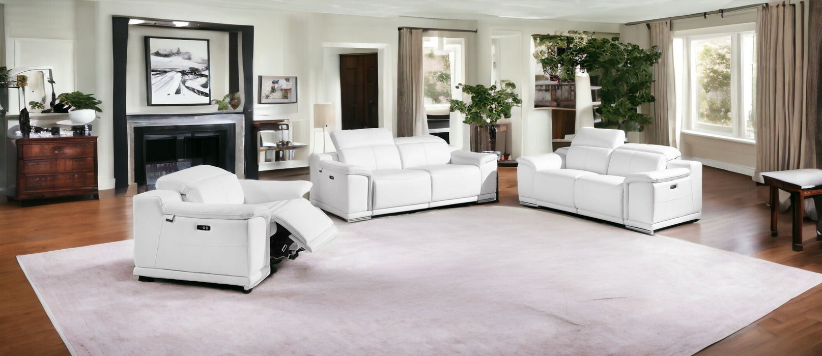 Three Piece Six Person Seating Set Italian Leather Indoor - White