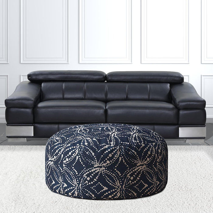 Canvas Round Damask Pouf Cover - Blue / White