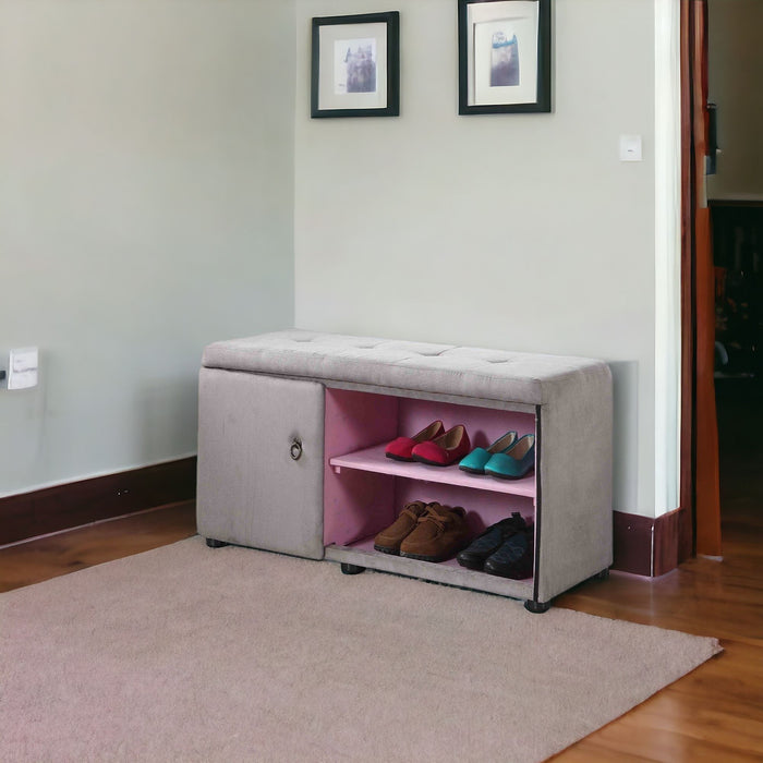 Tufted Shoe Storage Bench - Light Gray / Pink