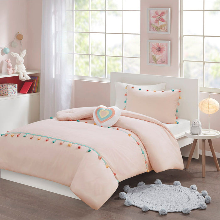 Tessa - Full Tassel Comforter Set With Heart Shaped Throw Pillow - Blush