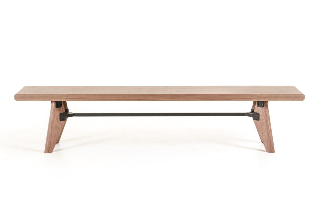 Modern Dining Bench With Silky Black Metal Support Bar - Walnut