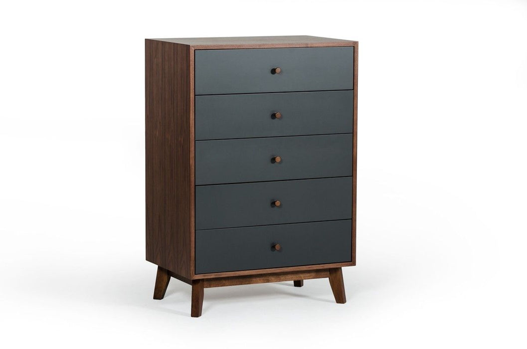 30" Walnut And Charcoal Solid Wood Five Drawer Chest - Gray