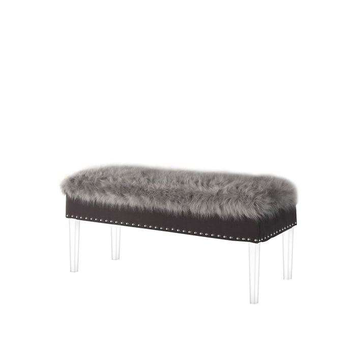 Upholstered Faux Fur Bench With Flip Top - Gray / Clear