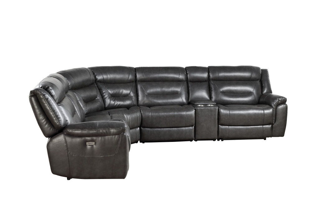 Faux Leather L Shaped Power Reclining Six Piece Corner Sectional With Console - Gray