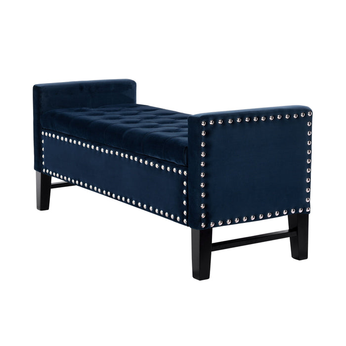 Velvet Upholstered Bench With Flip Top - Navy Blue / Black