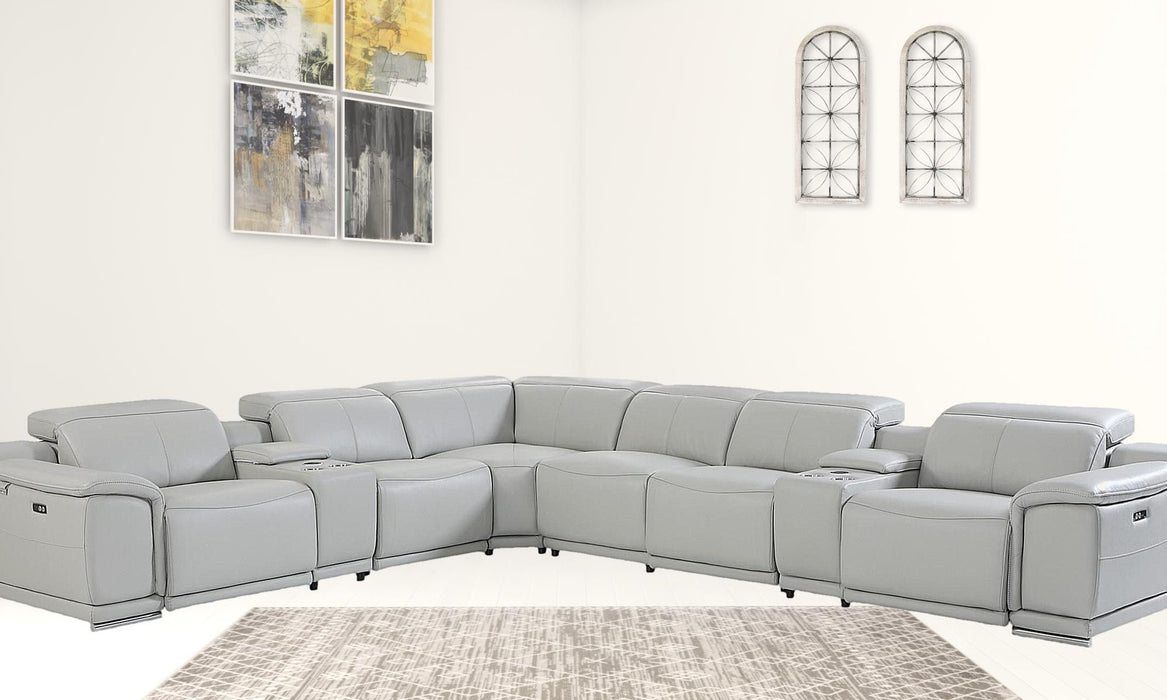 Italian Leather Power Reclining U Shaped Eight Piece Corner Sectional With Console - Light Gray