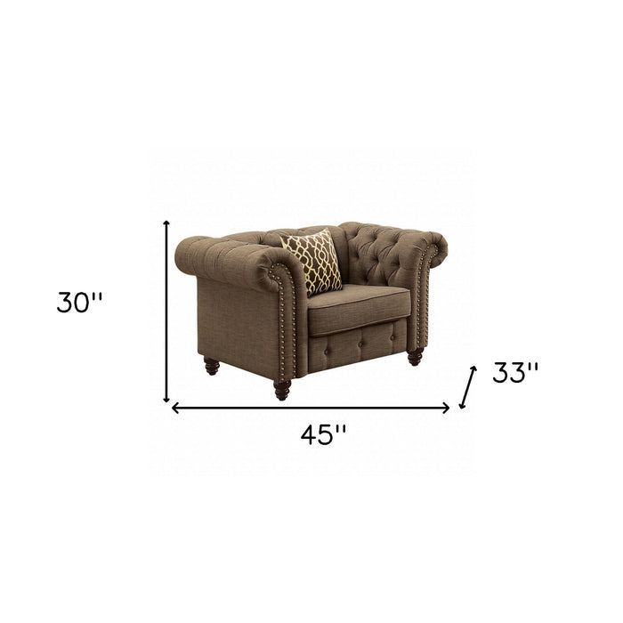 Linen And Black Tufted Chesterfield Chair - Brown