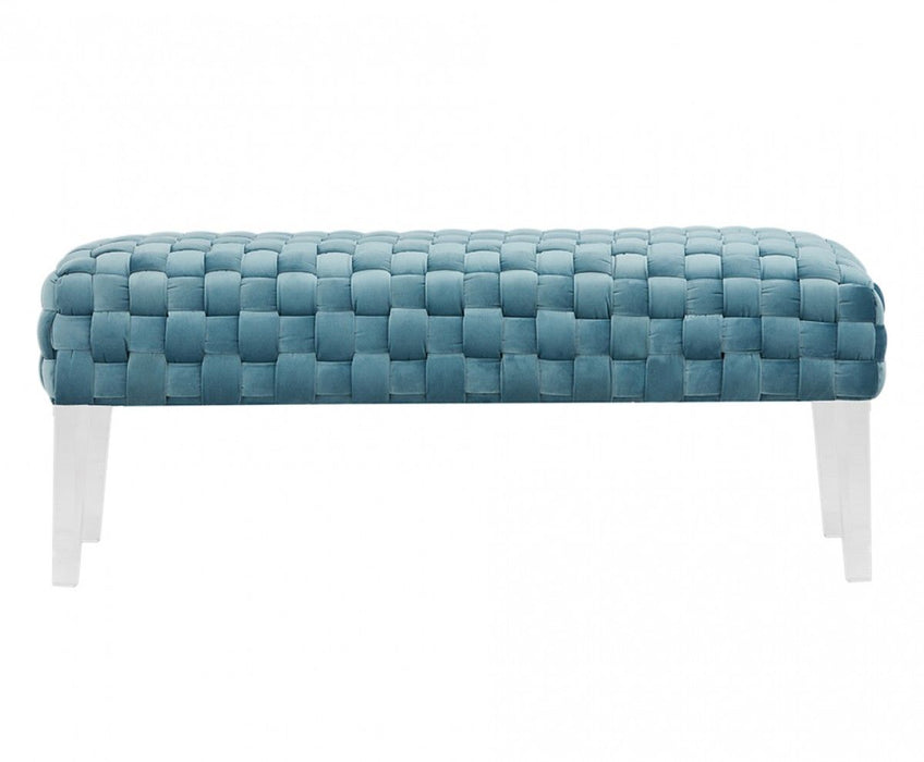 Rectangular Modern Textured Velvet Bench With Acrylic Legs - Light Teal