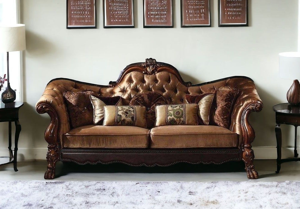 Velvet Chesterfield Loveseat And Toss Pillows - Dark Brown / Brown