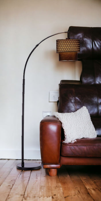 Arched Floor Lamp With Brown Drum Shade - Black