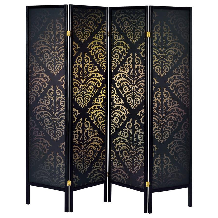 Haidera - 4-panel Damask Pattern Folding Screen - Black - Simple Home Plus