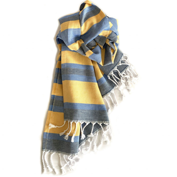 Striped Turkish Towel Beach Blanket - Denim Blue / Yellow