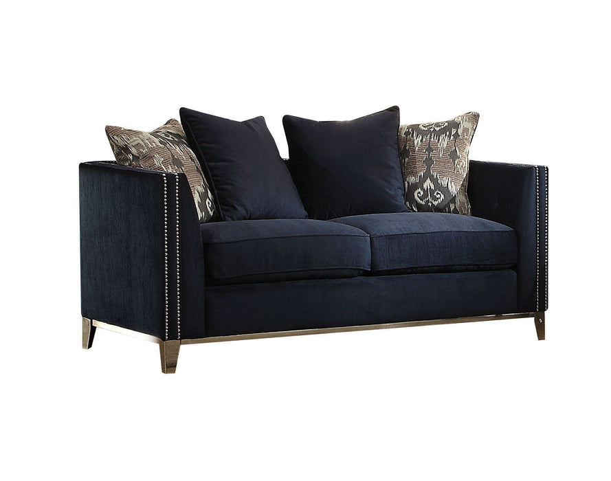 Velvet Loveseat And Toss Pillows - Blue / Silver