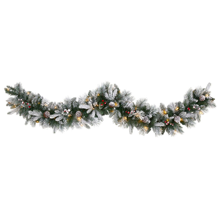 6 Flckd Garland w/50 LEDs, Pine Cones, Berries & 180 Tips