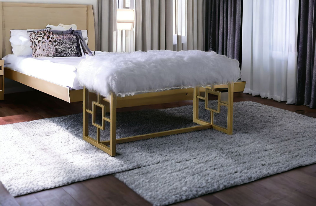 Faux Fur Bench Upholstered - White / Gold