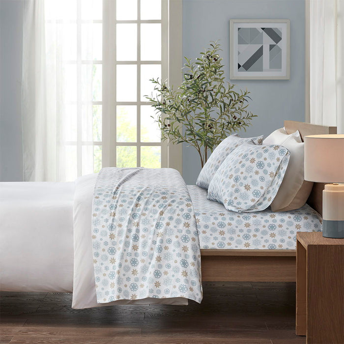 Queen Cozy Sheet Set - Tan / Blue Snowflakes