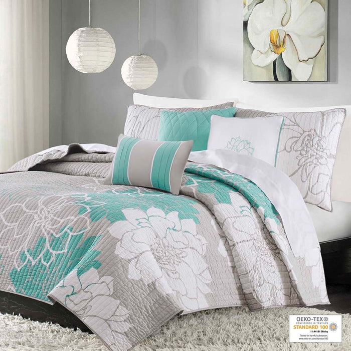 Lola - 6 Piece Reversible Printed Coverlet Set - Aqua