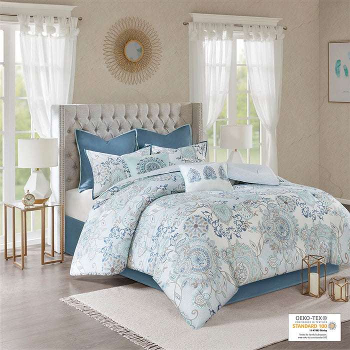 Isla - Queen 8 Piece Printed Reversible Comforter Set - Blue