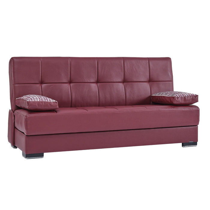 Faux Leather Convertible Futon Sleeper Sofa And Toss Pillows With Brown Legs - Burgundy