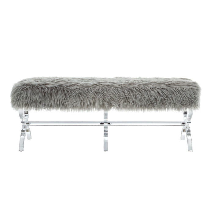 Upholstered Faux Fur Bench - Gray / Clear