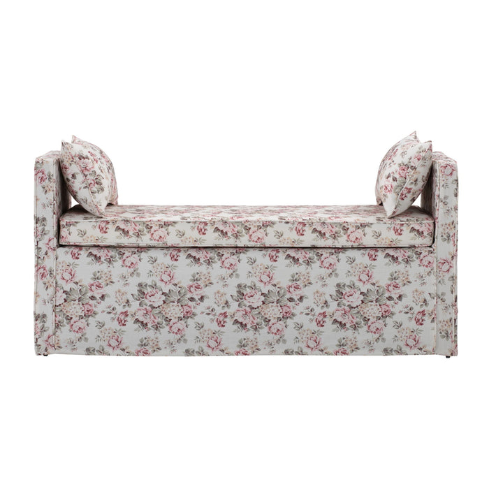 Upholstered Linen Floral Bench - Red / Black