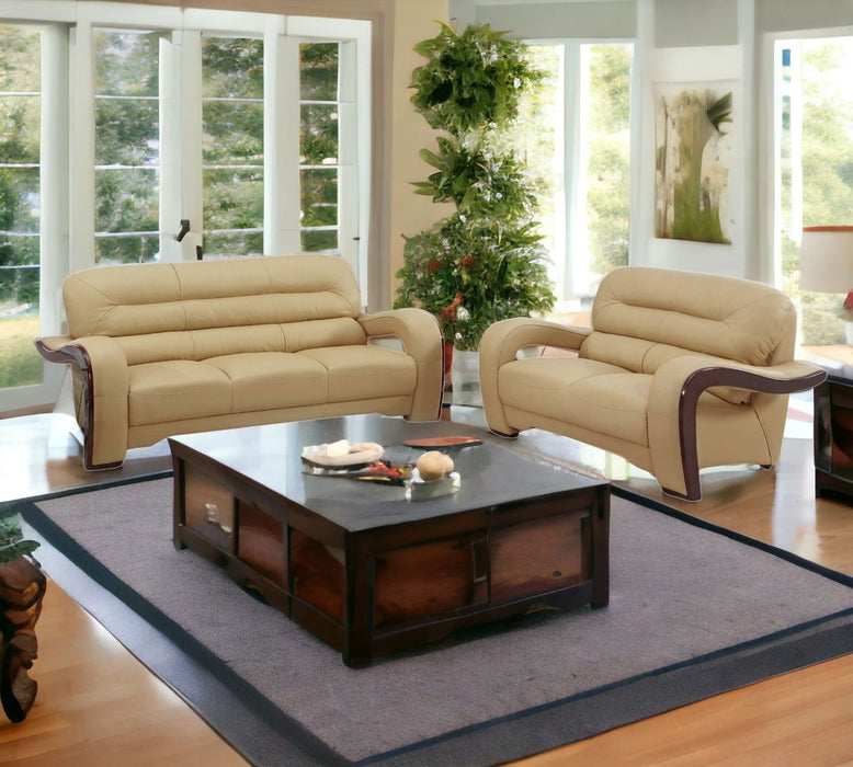 2 Piece Indoor Genuine Leather Five Person Seating Set - Beige