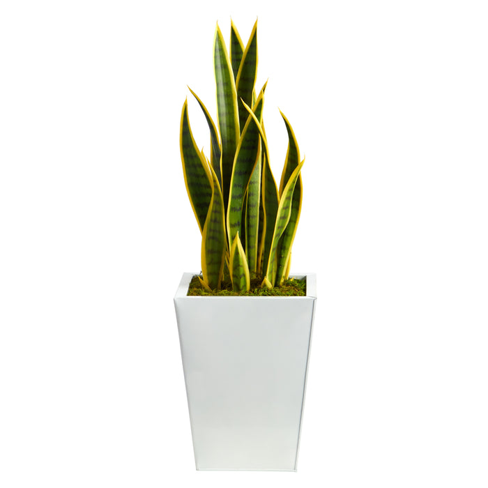 31" Sansevieria Artificial Plant in Black Metal Planter