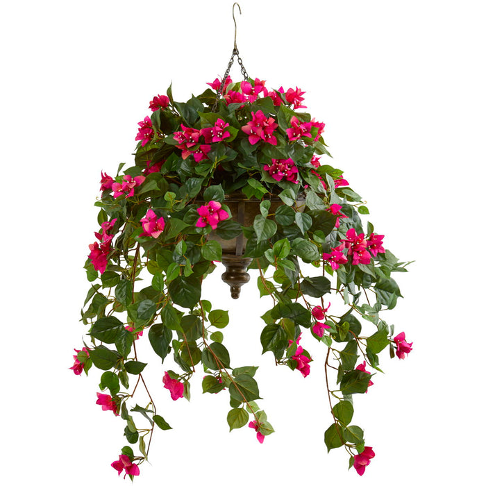 37" Bougainvillea Artificial Plant in Hanging Metal Bowl