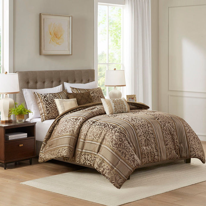 Bella - 6 Piece Jacquard Comforter Set With Throw Pillows - Brown