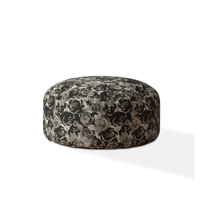 Canvas Round Floral Pouf Cover - Beige