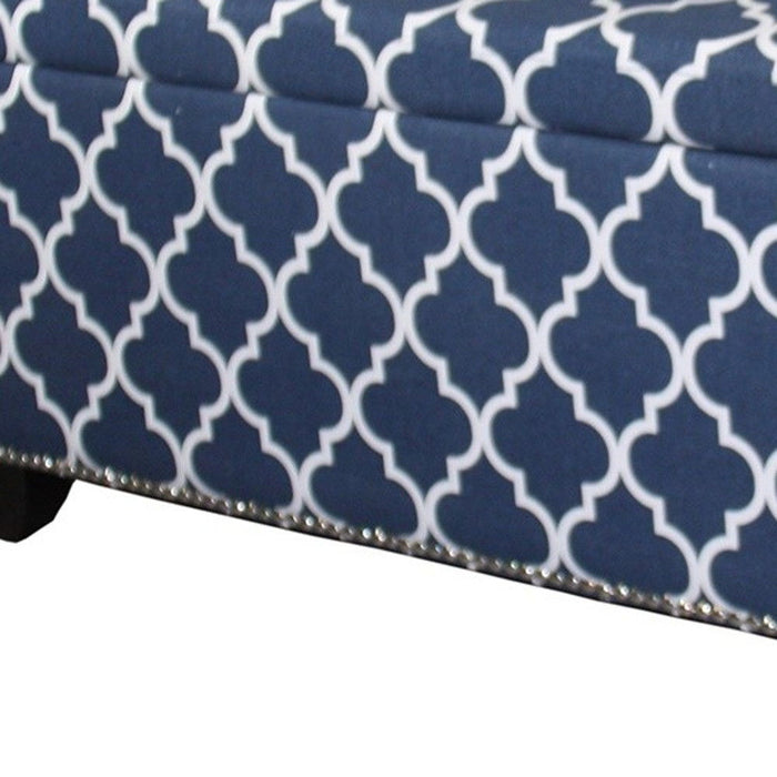 Brown Upholstered Polyester Quatrefoil Bench With Flip Top - Blue / White / Dark