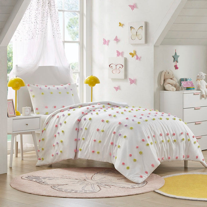 Cora - Pompom Clip Jacquard Twin Duvet Cover Set - Pink Multi