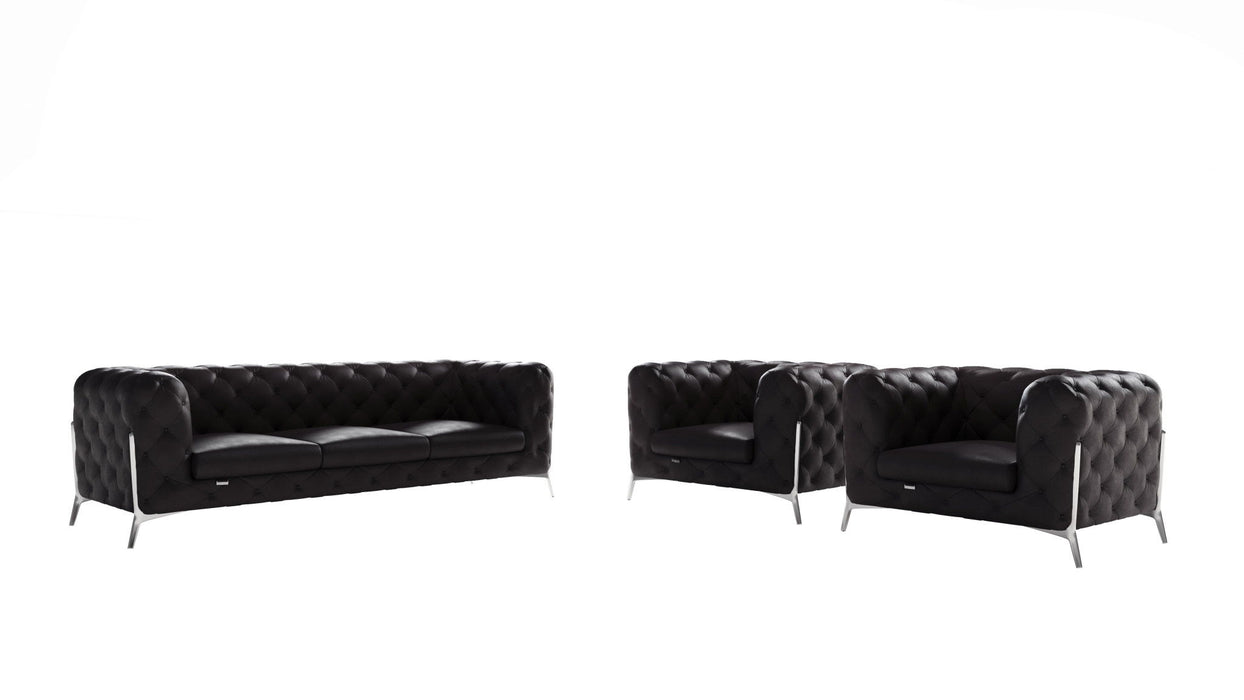 Three Piece Indoor Italian Leather Five Person Seating Set - Black