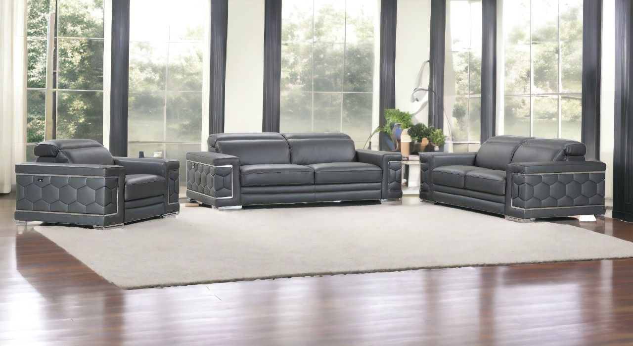 Three Piece Italian Leather Six Person Indoor Seating Set - Dark Gray