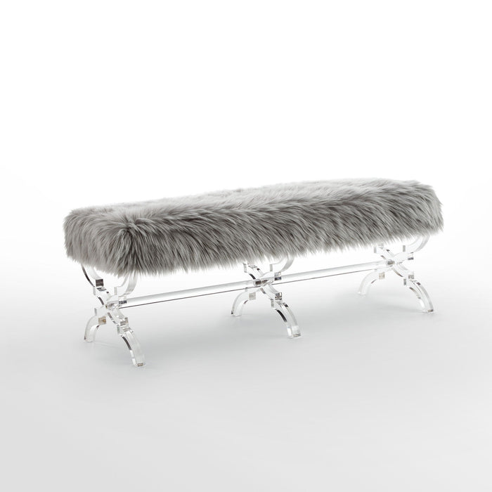 Upholstered Faux Fur Bench - Gray / Clear