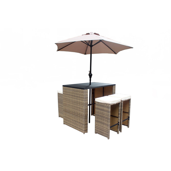 Six Piece Faux Wicker Outdoor Bar Height Table Set With Umbrella And Stools - Brown / Tan