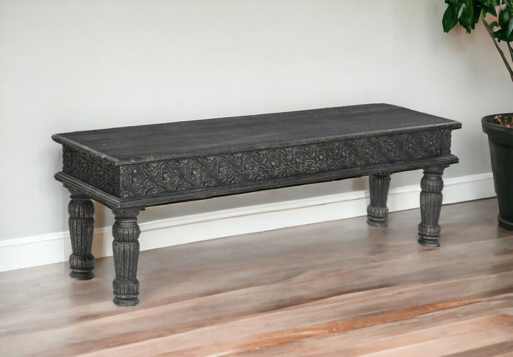 Distressed And Carved Solid Wood Dining Bench - Black