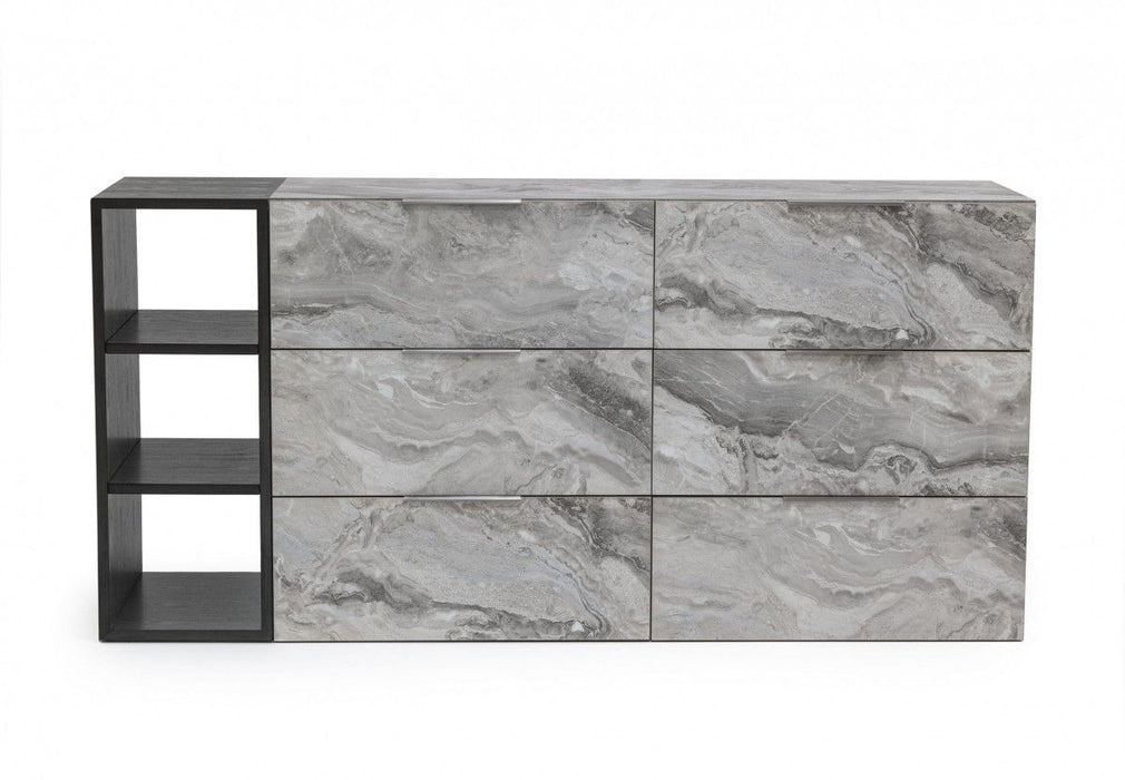 Faux Marble And Black Wood Six Drawer Double Dresser - Gray